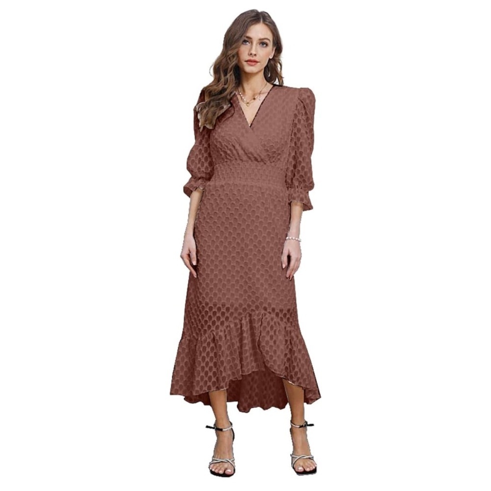 Women’s Mauve Textured Puff Sleeve Smocked Waist Midi Dress Boho Romantic Small